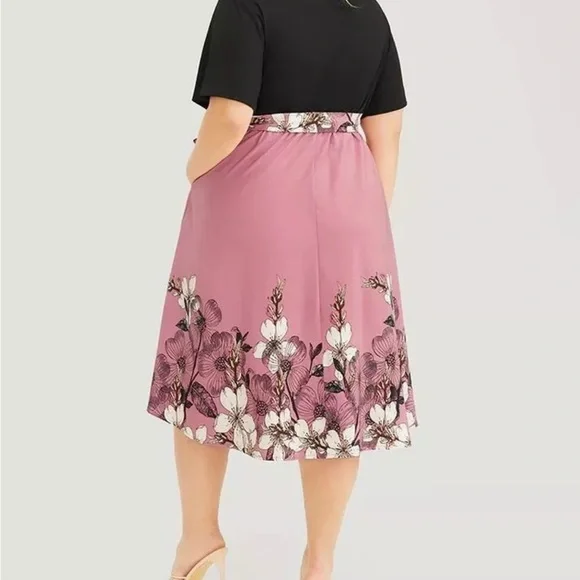 BloomChic Floral Patchwork Dusty Pink Belted Midi Dress w/pockets NWT 18-20 - Picture 4 of 10